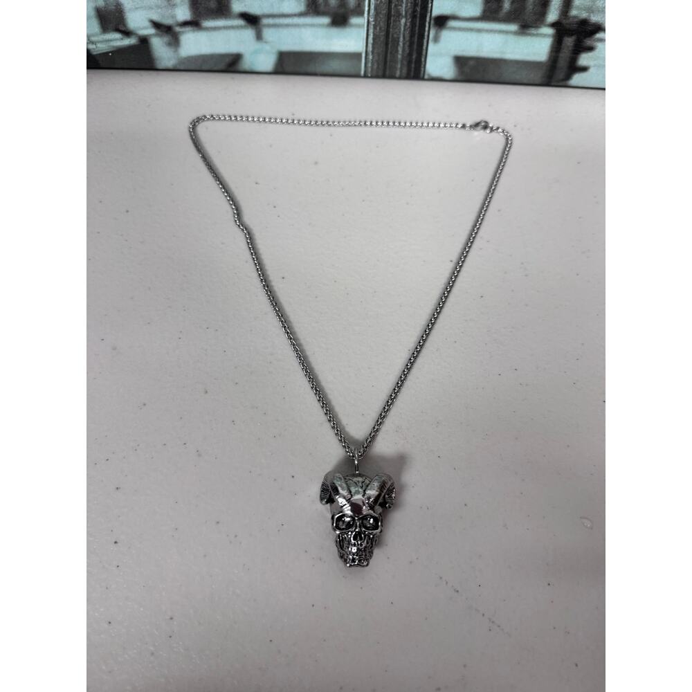 Vintage Gothic Ram Skull Pendant Necklace, Stainless Steel Biker Chain